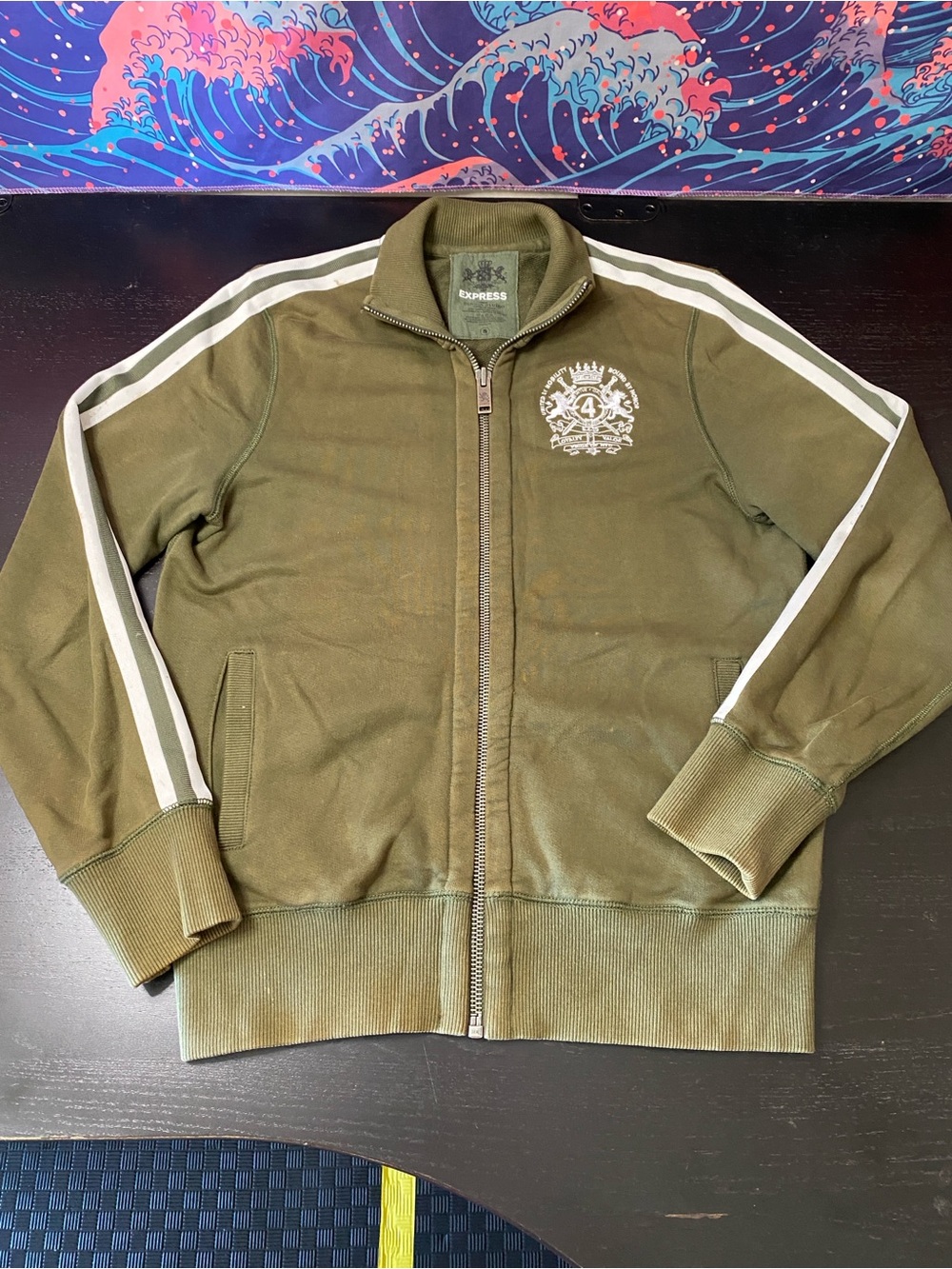 Express Olive Zip-Front Sweat Jacket with Ribbed Collar
